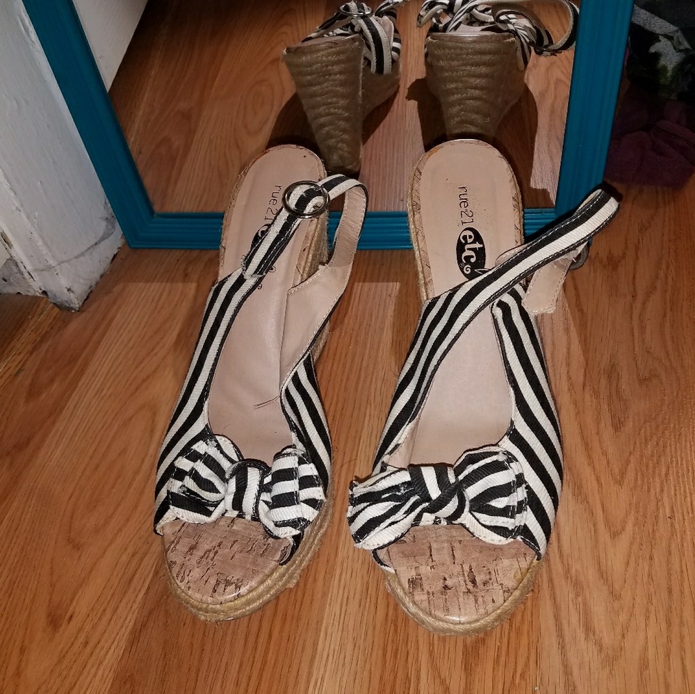Black and White Striped Platform Wedges